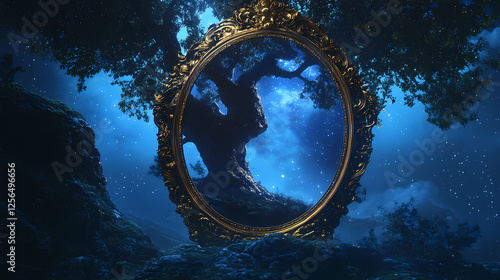 [ornate gold-framed round mirror] twisted tree whispers ancient magic under starry night sky. Whispering Mirrors. Illustration photo