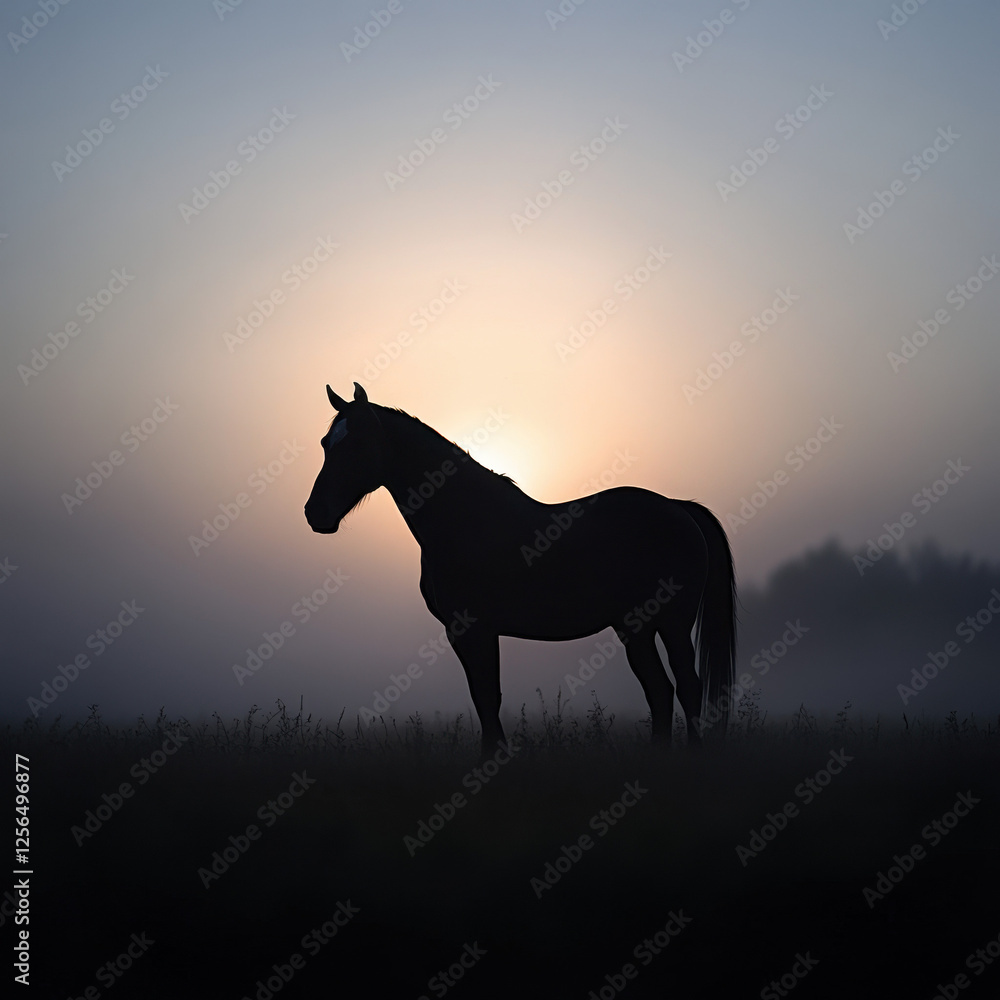 Silhouette of a majestic horse standing against a misty sunrise, creating a serene and tranquil scene in a foggy meadow. Silhouette of a majestic horse standing against a misty sunrise, creating a serene and tranquil scene in a foggy meadow.