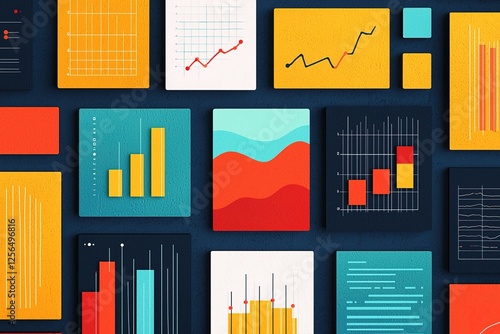 A vibrant collage of colorful charts and graphs, showcasing data visualization in various styles and designs.
