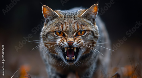 A cat with its mouth open and teeth bared, looking angry. The cat is standing on a grassy area