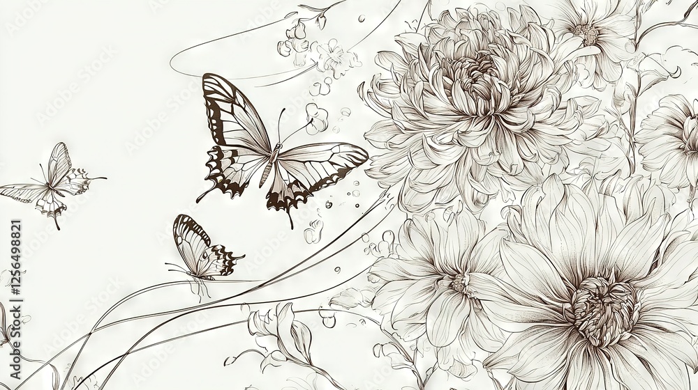 Obraz premium A sketch of several blooms with a butterfly flying above them, positioned to the right of the image