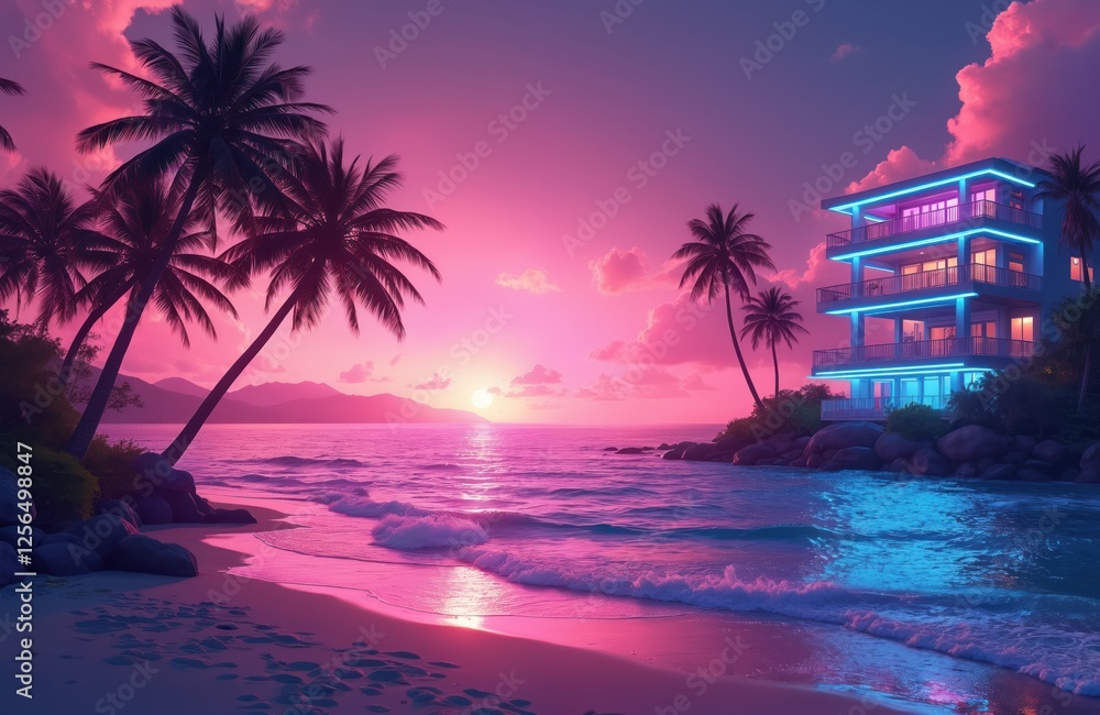 Obraz premium Tropical beach illustration with pink purple sky, palm trees silhouettes, ocean waves. Modern hotel glows neon. Summer vacation paradise, dusk scene, exotic travel destination, seaside resort.