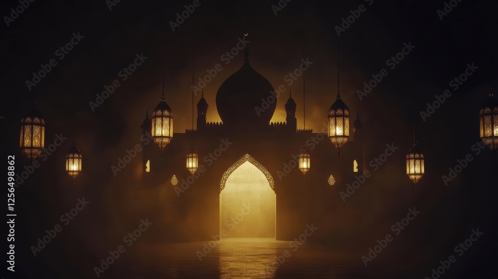 Fototapeta premium Majestic Silhouette of an Ornate Gateway Illuminated by Lanterns Surrounded by Mystic Fog for the Celebration of Eid Mubarak, Ramadan Kareem, and Muharram with Copy Space for Messages
