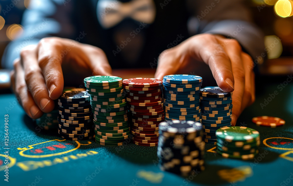A man is holding a pile of poker chips in his hands. The chips are of different colors and sizes, and they are spread out on a green table. The man is focused A man is holding a pile of poker chips in his hands. The chips are of different colors and sizes, and they are spread out on a green table. The man is focused