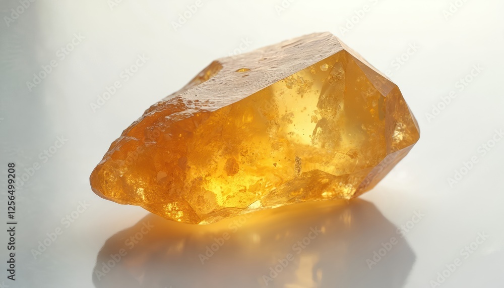 Raw golden citrine gemstone on white. Natural light reflection illuminates mineral. Crystal quartz in yellow, transparent, shiny form. Earth precious untreated rock. Sparkly formation, collectable Raw golden citrine gemstone on white. Natural light reflection illuminates mineral. Crystal quartz in yellow, transparent, shiny form. Earth precious untreated rock. Sparkly formation, collectable