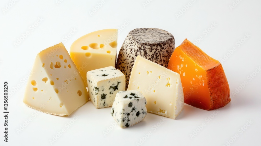 This is an assortment of artisan cheeses, offering a variety of flavors and textures. The image showcases an appetizing arrangement of different types of cheese, ready to be enjoyed with crackers or This is an assortment of artisan cheeses, offering a variety of flavors and textures. The image showcases an appetizing arrangement of different types of cheese, ready to be enjoyed with crackers or