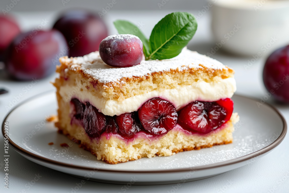 Slice Of Plum And Cherry Cake With Whipped Cream Slice Of Plum And Cherry Cake With Whipped Cream