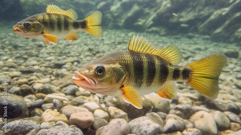 Fototapeta premium Two fish swimming in a river with rocks on the bottom.