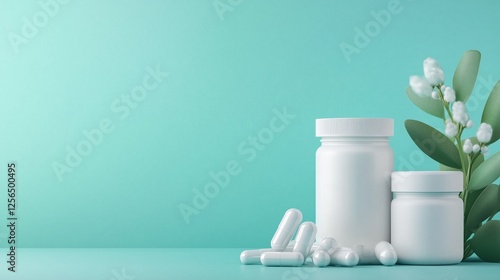 Healthcare products arranged on a light background with greenery for a calming effect