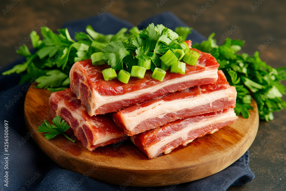 Stacked Raw Beef Slices On Wooden Board With Herbs Stacked Raw Beef Slices On Wooden Board With Herbs