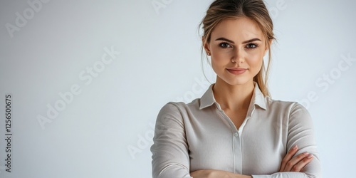 A woman stands confidently in a stylish pose, set against a white backdrop.