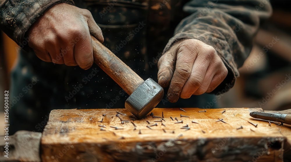 Hammer and nails, close-up of hands hammering nails into wood Hammer and nails, close-up of hands hammering nails into wood