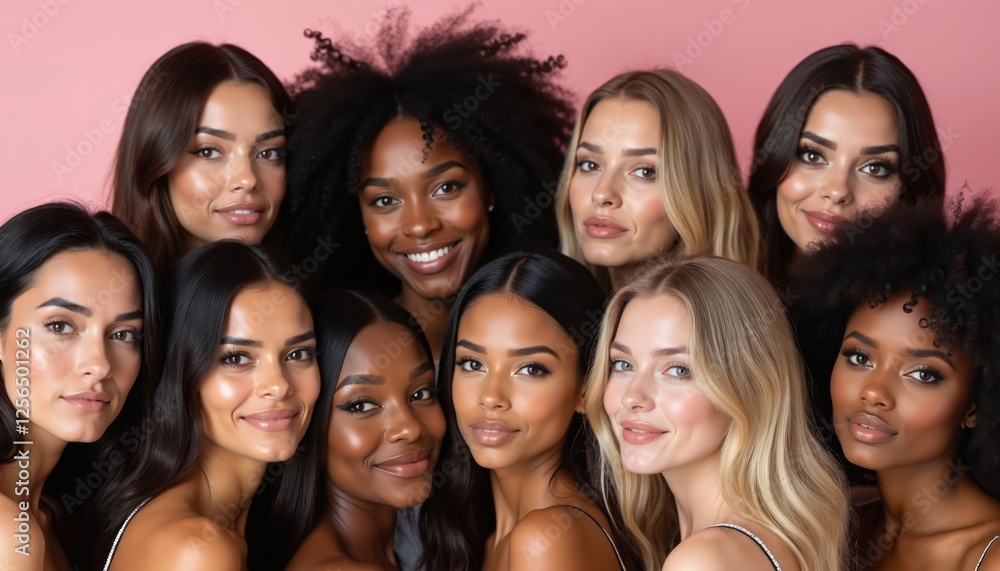 Eight diverse women pose together, smiling directly at camera. Group beauty photo features various skin tones, hair styles in studio. Perfect for beauty, diversity, inclusion, make-up, skin care Eight diverse women pose together, smiling directly at camera. Group beauty photo features various skin tones, hair styles in studio. Perfect for beauty, diversity, inclusion, make-up, skin care