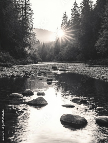Sunlit riverbank with tranquil forest, stones and wildlife.