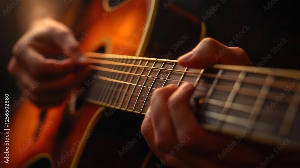Fototapeta premium Musician tuning guitar, close-up of hands adjusting guitar strings, soft studio lighting