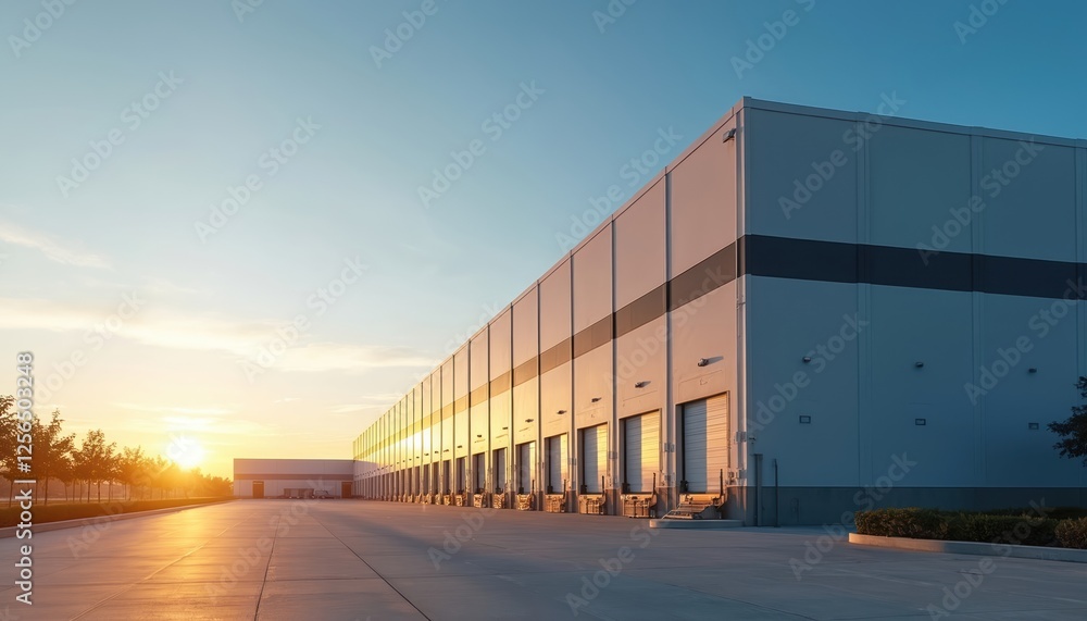 Fototapeta premium Modern industrial warehouse building with loading docks at sunset. Empty parking lot. The golden hour light reflects on the facade. Logistics, freight, and distribution business background.