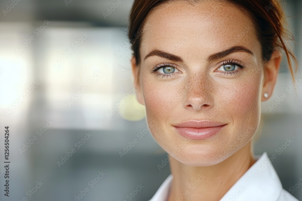 Confident young caucasian female with freckles smiling calmly in natural light Confident young caucasian female with freckles smiling calmly in natural light
