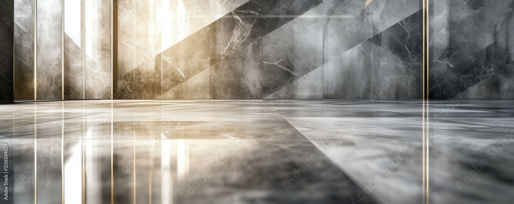 Modern marble interior with geometric patterns and sunlight reflections Modern marble interior with geometric patterns and sunlight reflections