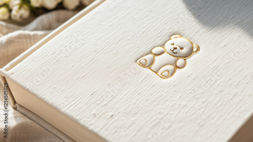 Elegant white book with an embossed teddy bear design, symbolizing childhood memories, innocence, and tenderness