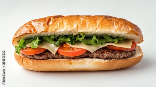 Savory beef burger patty in fresh baguette with cheese and vegetables