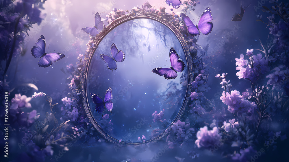 Fototapeta premium A mystical mirror surrounded by purple butterflies and enchanting floral elements. Whispering Mirrors. Illustration