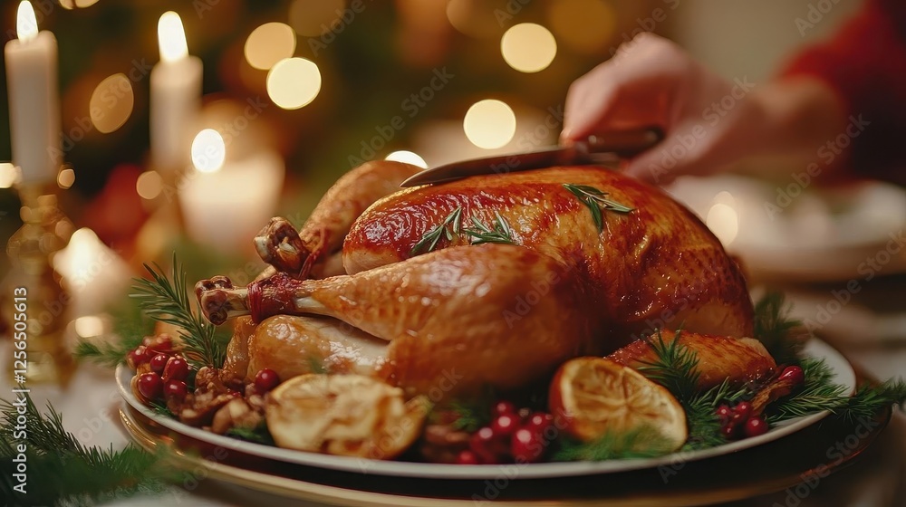 Thanksgiving dinner, close-up of hands carving a turkey, festive table setup Thanksgiving dinner, close-up of hands carving a turkey, festive table setup