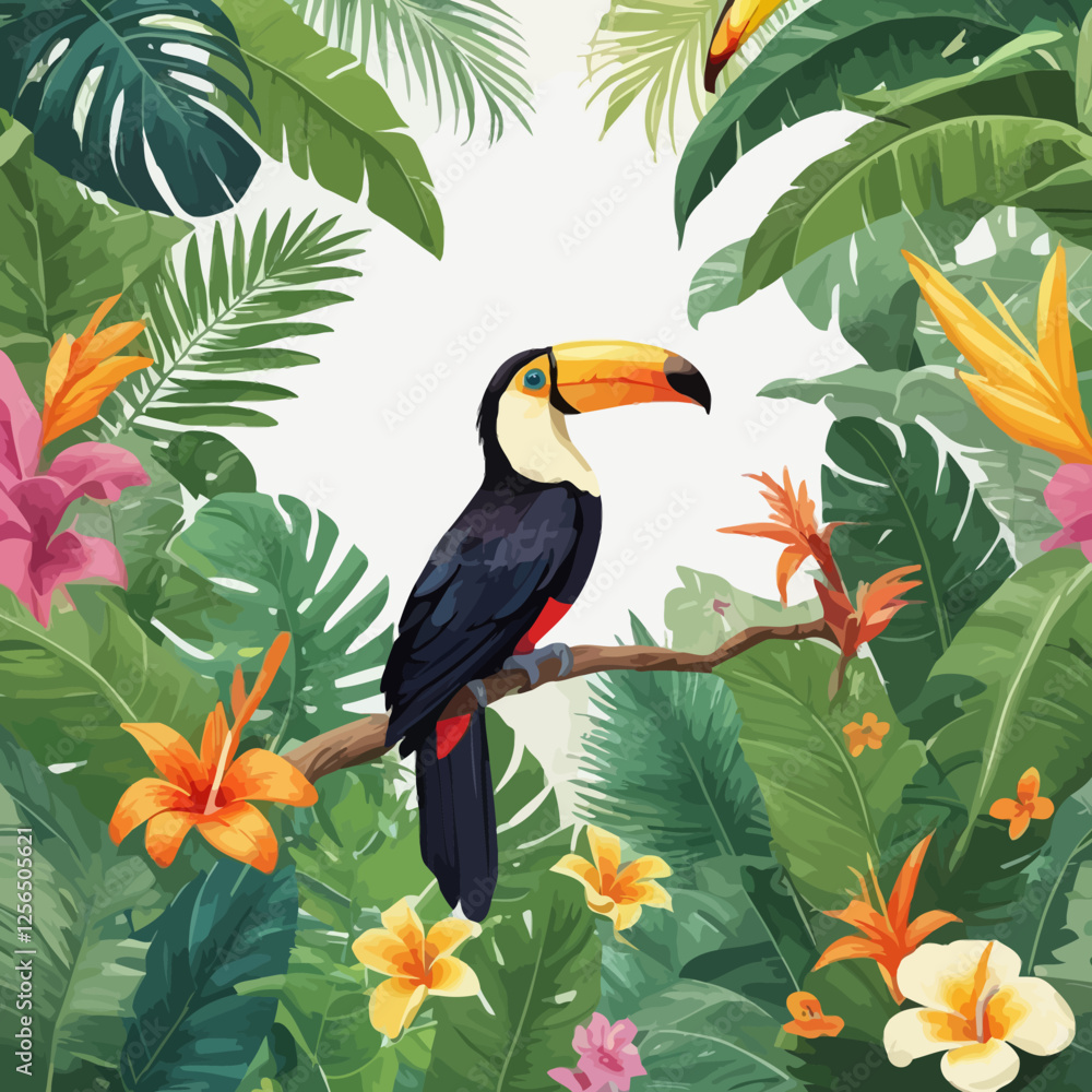 Seamless tropical pattern with toucans sitting on branches, surrounded by exotic flowers and lush green leaves. Perfect for textile design, wallpapers, and summer themes. Seamless tropical pattern with toucans sitting on branches, surrounded by exotic flowers and lush green leaves. Perfect for textile design, wallpapers, and summer themes.