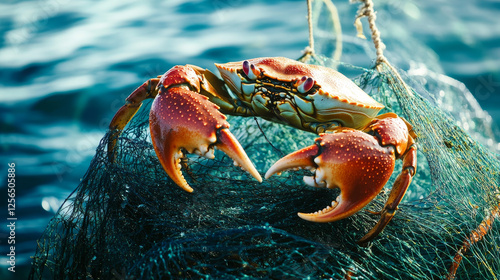 Crab sea fishing symbol. Atlantic crab marine animal with net in claws and trawler fishing boat. Fishing sport club, fishery industry themes design photo