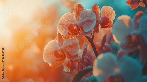 Peach orchids backlit by sunset.