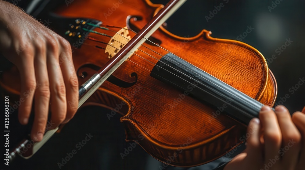 Violin and bow, close-up of hands playing a violin, soft lighting Violin and bow, close-up of hands playing a violin, soft lighting