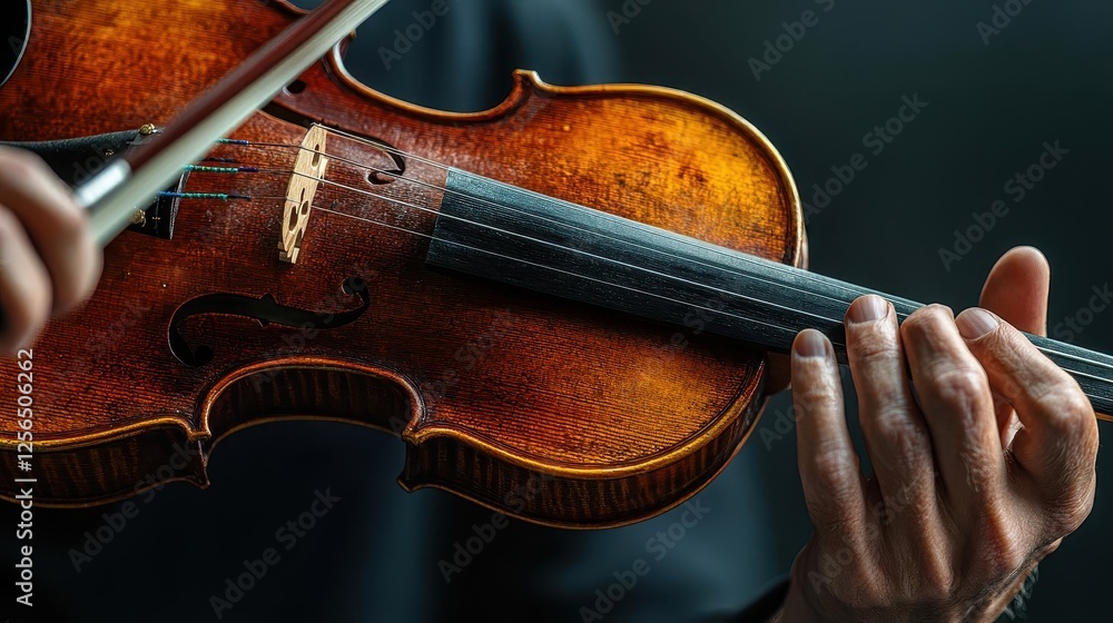 Obraz premium Violin and bow, close-up of hands playing a violin, soft lighting