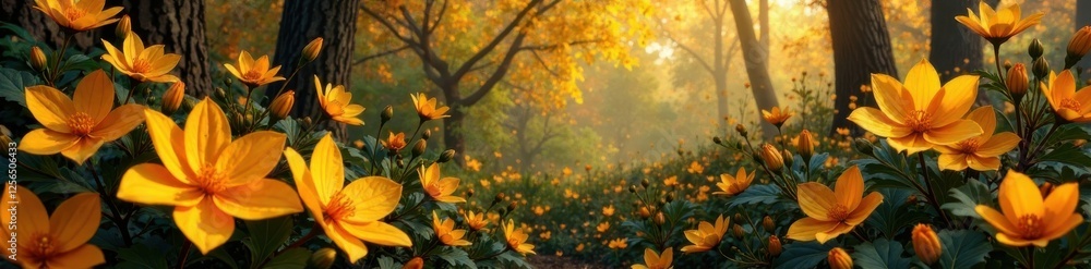 A rich tapestry of golden flowers and leaves fills the room , floral, opulent, nature-inspired A rich tapestry of golden flowers and leaves fills the room , floral, opulent, nature-inspired