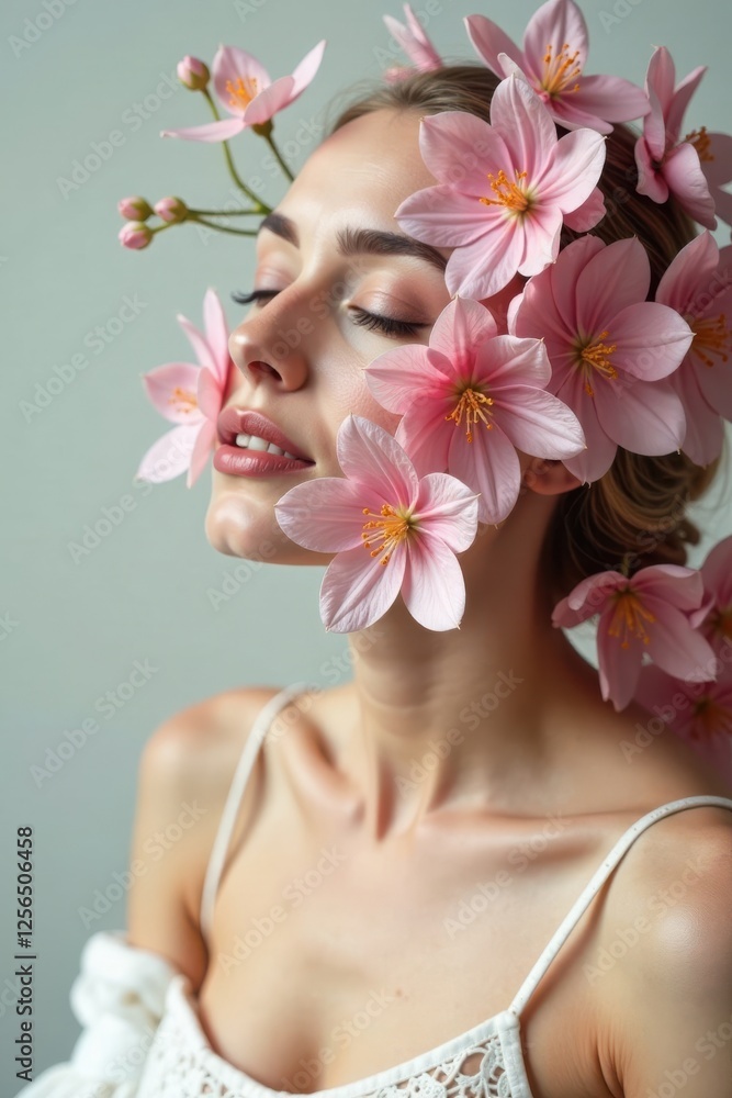 Naklejka premium A delicate floral arrangement adds a touch of sophistication to the beauty space, flower arrangement, makeup brushes