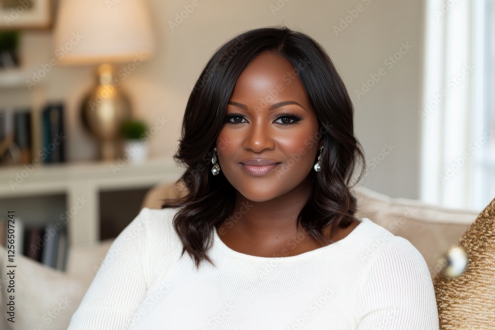 African female adult in white sweater, relaxed and smiling in cozy living room African female adult in white sweater, relaxed and smiling in cozy living room