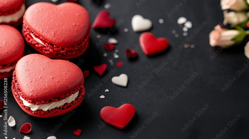 Red heart-shaped macarons with creamy filling and decorative hearts on dark background Red heart-shaped macarons with creamy filling and decorative hearts on dark background