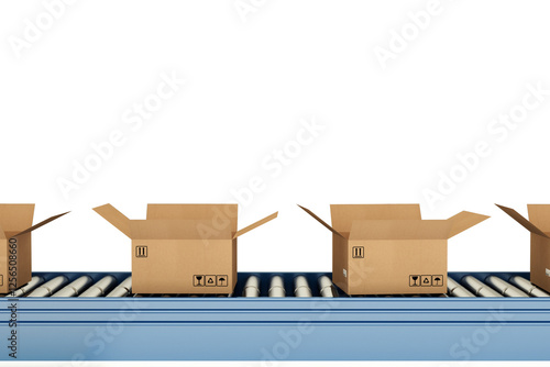 Fotografía Cardboard boxes moving on conveyor belt in distribution warehouse