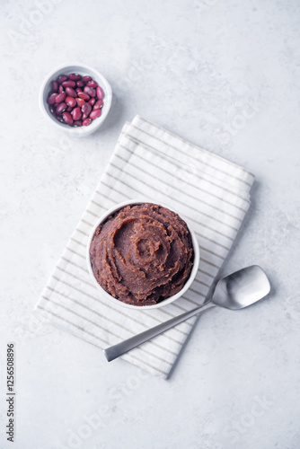 Sweet red bean paste, anko in a white bowl photo