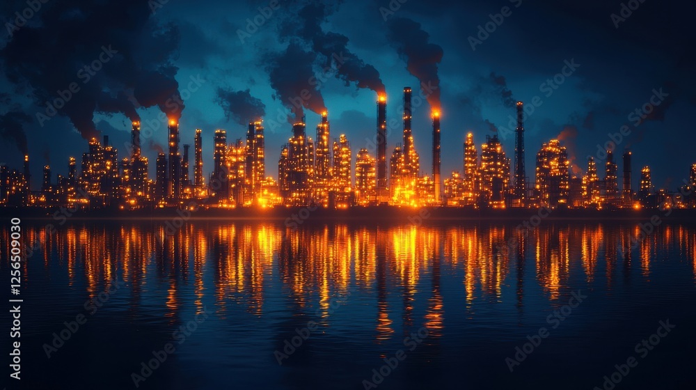 Obraz premium Night Refinery Complex by the Water