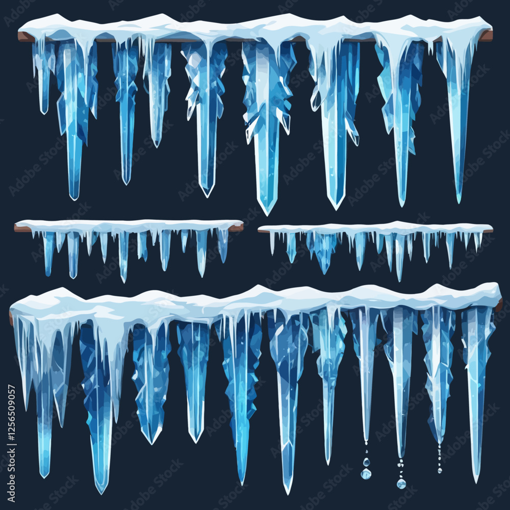 Vector icicle winter set, isolated hanging blue frozen ice, 3D sharp cornice crystal collection. Christmas holiday decoration object pack on transparent background. Big icicle of winter illustration s Vector icicle winter set, isolated hanging blue frozen ice, 3D sharp cornice crystal collection. Christmas holiday decoration object pack on transparent background. Big icicle of winter illustration s