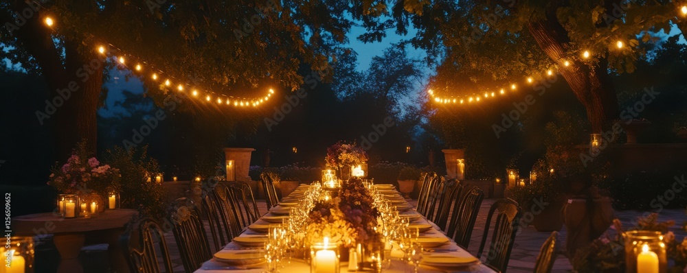 Obraz premium Outdoor evening garden party with string lights and candlelit dining setup