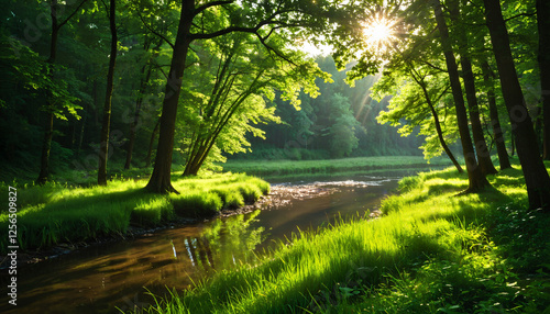 Le ruisseau sinueux dans la forêt luxuriante photo