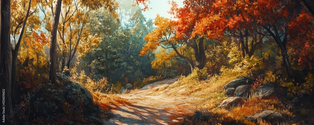Serene autumn forest with sunlit path and vibrant foliage Serene autumn forest with sunlit path and vibrant foliage