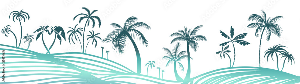 Obraz premium Hello summer . Blue palm trees horizontal background. Not AI, Vector illustration.