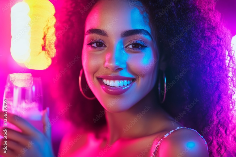 Fototapeta premium Smiling young african female enjoying nightlife with vibrant lights and drink