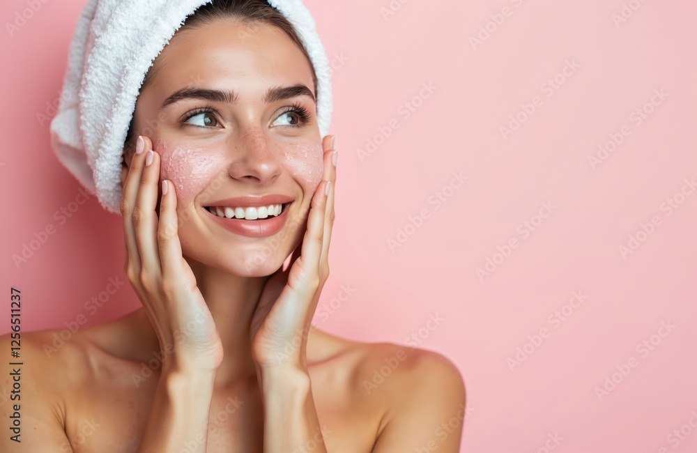 Smiling woman after shower with towel on head touches her face with scrub against pink background. Skincare, dermatology, beauty treatment, cosmetology, wellness, well-being concept. Copy space. Smiling woman after shower with towel on head touches her face with scrub against pink background. Skincare, dermatology, beauty treatment, cosmetology, wellness, well-being concept. Copy space.
