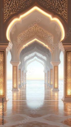 Stunning Ornate Architecture with Intricate Patterns and Illuminated Arches  Perfect for Ramadan Kareem or Eid Mubarak Celebration with Copy Space and Serene Atmosphere for Iftar Background