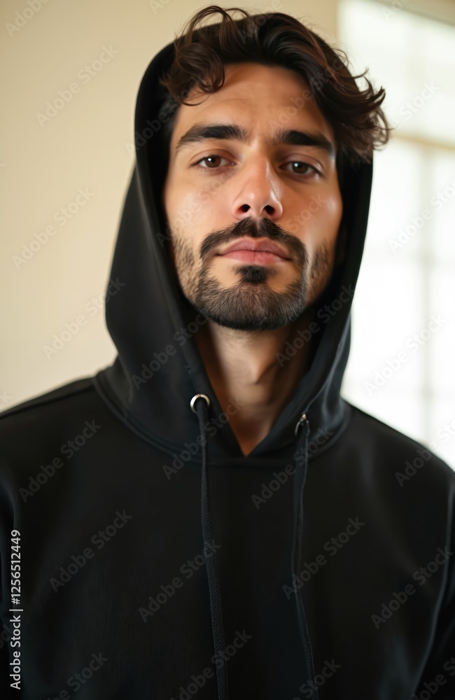 Close-up studio shot of man wearing black hoodie. Guy with beard, brown hair looks at camera. Casual attire, modern youth fashion, cozy streetwear apparel concept. Male fashion model advertises Close-up studio shot of man wearing black hoodie. Guy with beard, brown hair looks at camera. Casual attire, modern youth fashion, cozy streetwear apparel concept. Male fashion model advertises