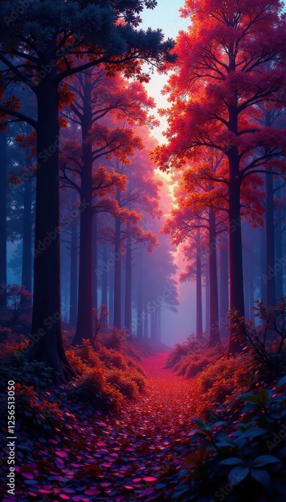 glowing forest of iridescent trees, otherworldly, holographic glowing forest of iridescent trees, otherworldly, holographic