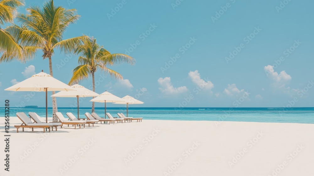 Photograph of a beautiful tropical beach with palm trees and sunbeds under umbrellas on white sand, a wide banner for a vacation background Photograph of a beautiful tropical beach with palm trees and sunbeds under umbrellas on white sand, a wide banner for a vacation background
