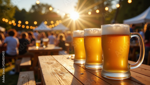Three cold beers on wooden table at outdoor festival. photo